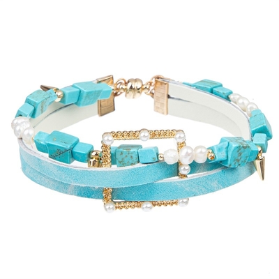 Het turkoois parelde de Magnetische de Stapeloem van Leerarmbanden Multidienst