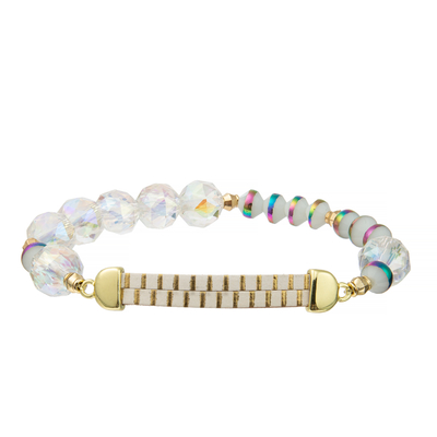 Armbanden van het witgoud de Gegroefde Met de hand gemaakte Leer met Duidelijk Crystal And Rainbow Resin Beads
